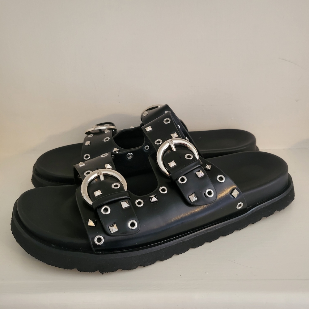 Black Studded Sandals with Silver Accents 8.5